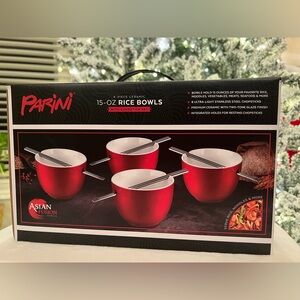 Parini Asian Fusion 4-Pc Ceramic Rice Bowl Set w/ Chopsticks | New